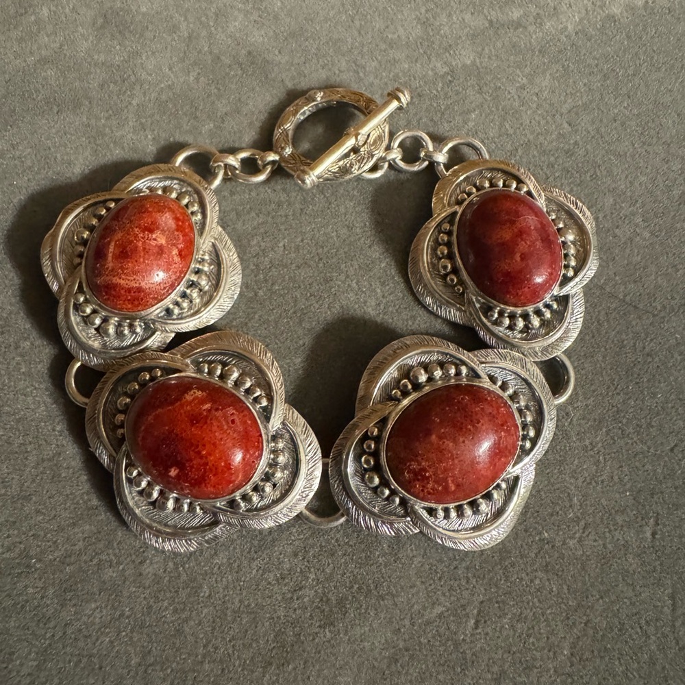 Vintage Statement BJ 925 Red Coral Link Bracelet